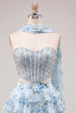 Sweetheart Light Blue 2 Piece A-Line Corset Tiered Floral Homecoming Dress with Beading