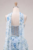 Sweetheart Light Blue 2 Piece A-Line Corset Tiered Floral Homecoming Dress with Beading