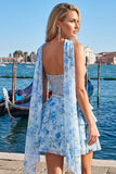 Sweetheart Light Blue 2 Piece A-Line Corset Tiered Floral Homecoming Dress with Beading