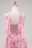 Sweetheart Light Blue 2 Piece A-Line Corset Tiered Floral Homecoming Dress with Beading