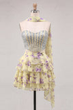 Sweetheart Light Blue 2 Piece A-Line Corset Tiered Floral Homecoming Dress with Beading