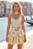 Sweetheart Light Blue 2 Piece A-Line Corset Tiered Floral Homecoming Dress with Beading