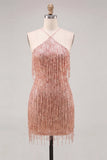 Dusty Rose Bodycon Halter Neck Sequins Homecoming Dress with Fringes