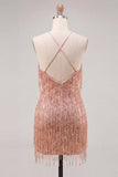 Dusty Rose Bodycon Halter Neck Sequins Homecoming Dress with Fringes