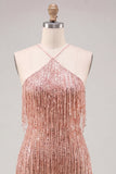 Dusty Rose Bodycon Halter Neck Sequins Homecoming Dress with Fringes