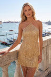 Dusty Rose Bodycon Halter Neck Sequins Homecoming Dress with Fringes