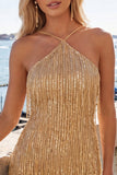 Dusty Rose Bodycon Halter Neck Sequins Homecoming Dress with Fringes