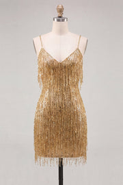Gold Bodycon Spaghetti Straps Sequins Homecoming Dress with Fringes