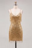 Gold Bodycon Spaghetti Straps Sequins Homecoming Dress with Fringes