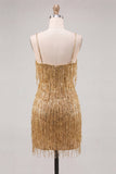 Gold Bodycon Spaghetti Straps Sequins Homecoming Dress with Fringes
