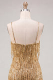 Gold Bodycon Spaghetti Straps Sequins Homecoming Dress with Fringes
