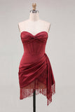 Burgundy Bodycon Sweetheart Corset Ruched Fringed Lace Up Back Homecoming Dress