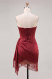 Burgundy Bodycon Sweetheart Corset Ruched Fringed Lace Up Back Homecoming Dress