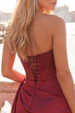Burgundy Bodycon Sweetheart Corset Ruched Fringed Lace Up Back Homecoming Dress
