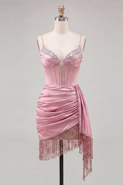 Pink Bodycon Corset Ruched Fringed Beaded Short Homecoming Dress with Sash