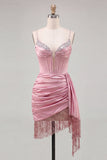 Pink Bodycon Corset Ruched Fringed Beaded Short Homecoming Dress with Sash