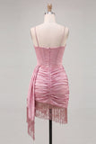 Pink Bodycon Corset Ruched Fringed Beaded Short Homecoming Dress with Sash