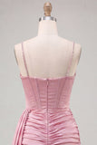 Pink Bodycon Corset Ruched Fringed Beaded Short Homecoming Dress with Sash