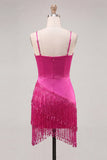 Satin Fuchsia Bodycon Spaghetti Straps Short Homecoming Dress with Fringes