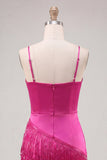 Satin Fuchsia Bodycon Spaghetti Straps Short Homecoming Dress with Fringes