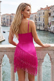 Satin Fuchsia Bodycon Spaghetti Straps Short Homecoming Dress with Fringes