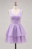 Lilac A-Line Tiered V-Neck Pearl Short Homecoming Dress with Lace Up Back