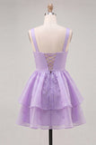Lilac A-Line Tiered V-Neck Pearl Short Homecoming Dress with Lace Up Back