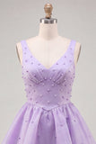 Lilac A-Line Tiered V-Neck Pearl Short Homecoming Dress with Lace Up Back