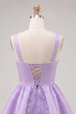 Lilac A-Line Tiered V-Neck Pearl Short Homecoming Dress with Lace Up Back