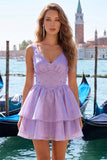 Lilac A-Line Tiered V-Neck Pearl Short Homecoming Dress with Lace Up Back
