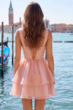 Lilac A-Line Tiered V-Neck Pearl Short Homecoming Dress with Lace Up Back