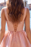 Lilac A-Line Tiered V-Neck Pearl Short Homecoming Dress with Lace Up Back