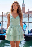 Lilac A-Line Tiered V-Neck Pearl Short Homecoming Dress with Lace Up Back