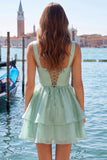 Lilac A-Line Tiered V-Neck Pearl Short Homecoming Dress with Lace Up Back