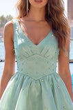 Lilac A-Line Tiered V-Neck Pearl Short Homecoming Dress with Lace Up Back