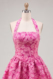 A-Line Fuchsia Halter Neck Jacquard Floral Short Homecoming Dress