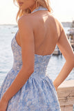 A-Line Fuchsia Halter Neck Jacquard Floral Short Homecoming Dress