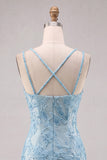 Light Blue Bodycon Spaghetti Straps Floral Short Homecoming Dress with Beading