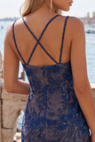 Light Blue Bodycon Spaghetti Straps Floral Short Homecoming Dress with Beading
