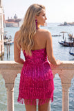 Fuchsia Strapless Sequins Bodycon Cocktail Dress with Fringes