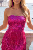 Fuchsia Strapless Sequins Bodycon Cocktail Dress with Fringes