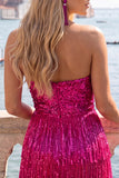 Fuchsia Strapless Sequins Bodycon Cocktail Dress with Fringes