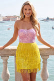 Fuchsia Strapless Sequins Bodycon Cocktail Dress with Fringes