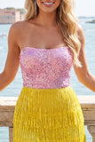 Fuchsia Strapless Sequins Bodycon Cocktail Dress with Fringes