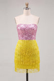Fuchsia Strapless Sequins Bodycon Cocktail Dress with Fringes