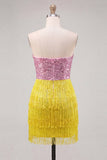 Fuchsia Strapless Sequins Bodycon Cocktail Dress with Fringes