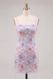 Lilac Floral Bodycon Spaghetti Straps Short Homecoming Dress with Beading