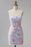 Lilac Floral Bodycon Spaghetti Straps Short Homecoming Dress with Beading
