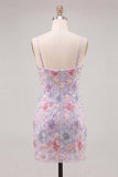 Lilac Floral Bodycon Spaghetti Straps Short Homecoming Dress with Beading