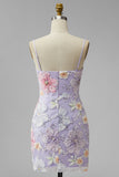 Lilac Floral Bodycon Spaghetti Straps Short Homecoming Dress with Beading